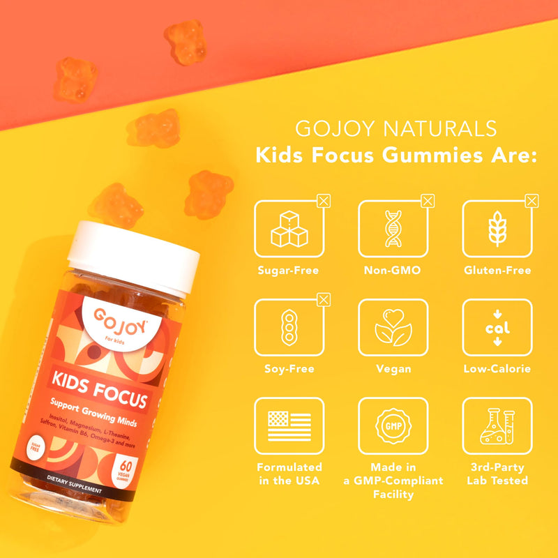 GOJOY NATURALS Kids Focus Gummies – Saffron, Magnesium Glycinate, L-Theanine & Inositol Supplement for Kids & Teens – Focus, Attention & Calm – Vegan, Sugar-Free, Non-GMO 1