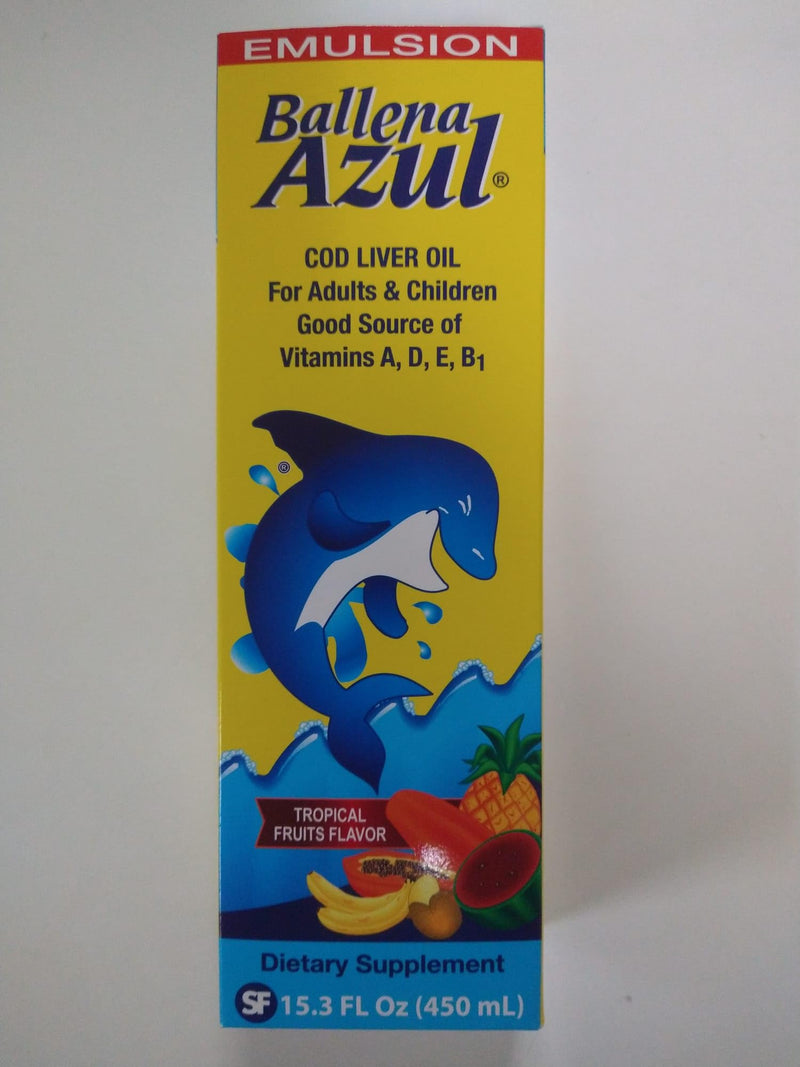Ballena Azul Aceite de Hígado de Bacalao para Adultos y Niños, COD Liver Oil for Adults and Children, Good Source of Vitamins, Dietary Supplement, Omega 3 (Tropical Fruits 15 OZ)