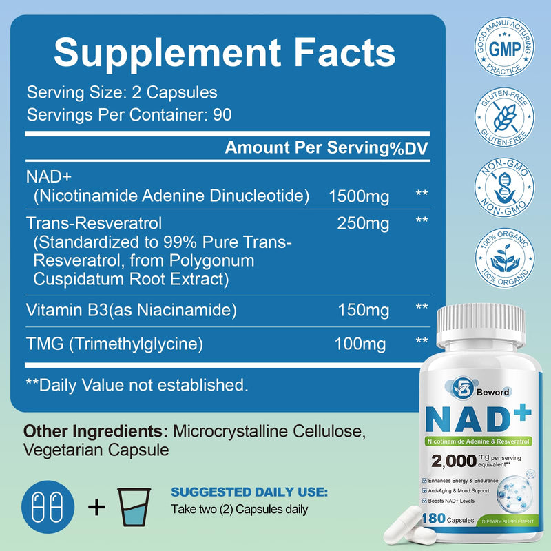 BEWORD Liposomal NAD 2000 Mg, 180 Capsules | 4-in-1 Formula with Liposomal NAD, Trans-Resveratrol, Non-GMO | Energy Support 180 Count (Pack of 1)
