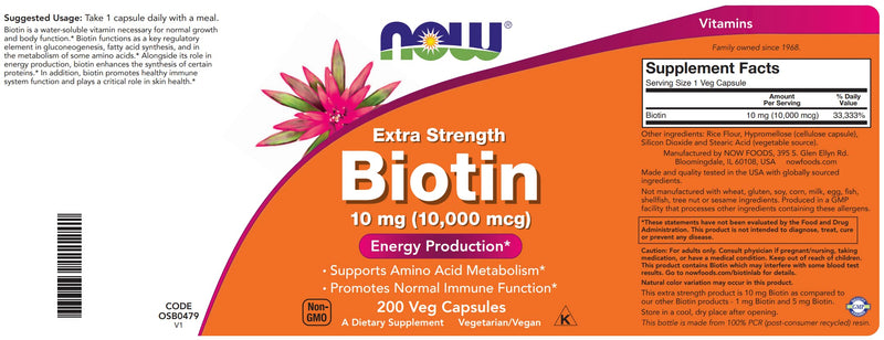 NOW Foods Extra Strength Biotin 10,000mcg / 10 mg - 200 Count - Hair, Skin, Nail - Supplement for Men and Women - B7 Vitamin - Vegetarian, Vegan, Non-GMO 200 Count (Pack of 1)
