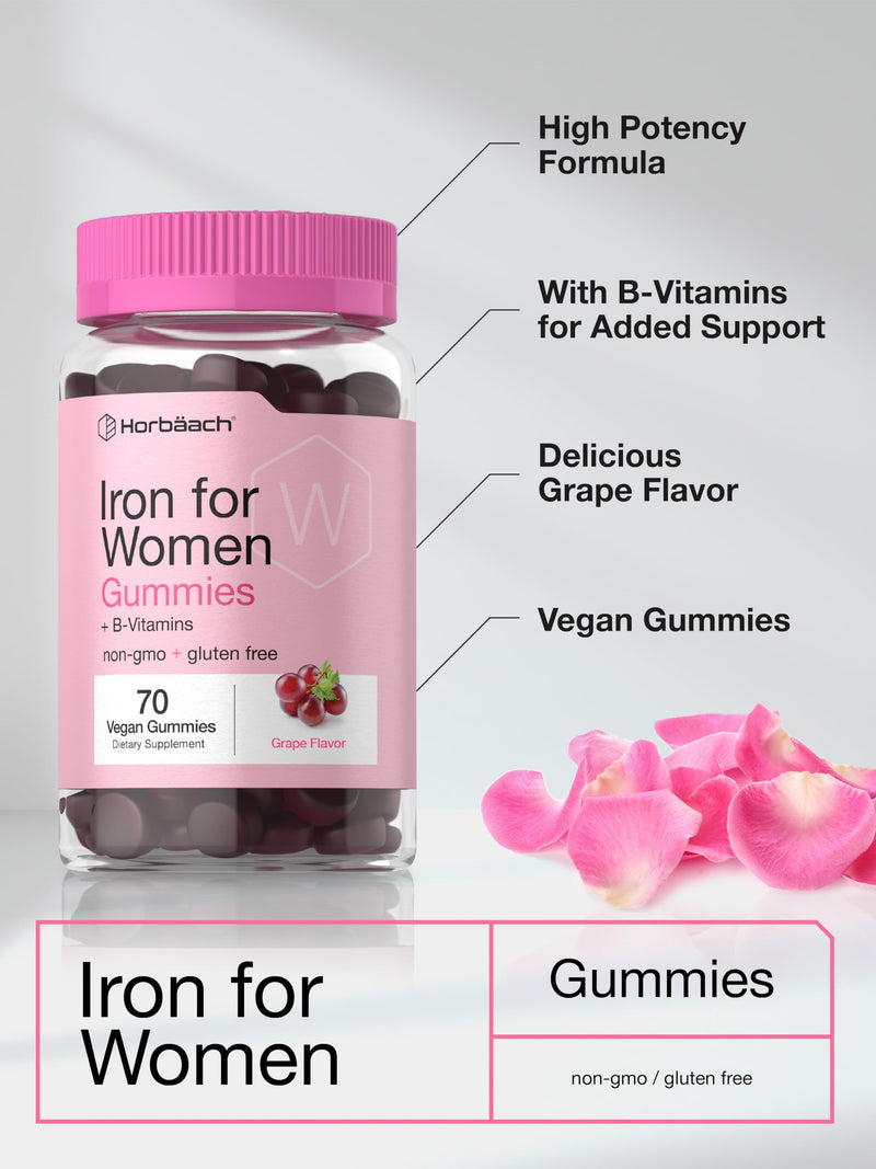 Horbäach Iron Gummies for Women | 70 Count | Grape Flavor | Supplement with B Vitamins Folate and Zinc | Vegan, Non-GMO & Gluten Free
