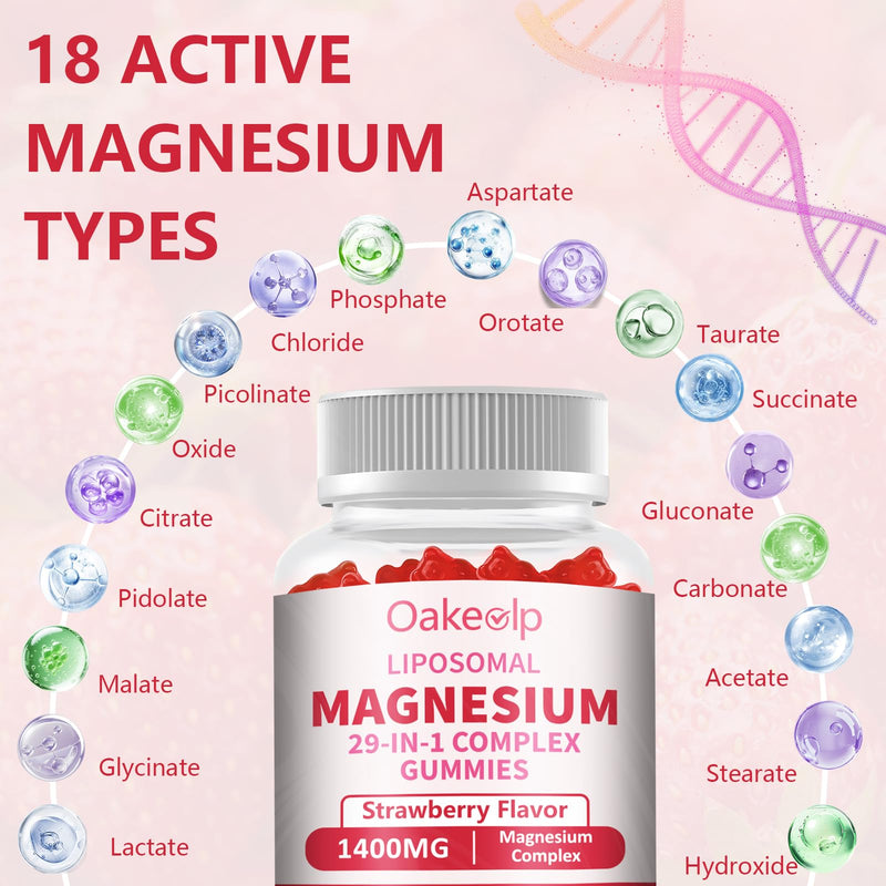 29-in-1 Liposomal 18 Active Types Magnesium Complex 1400MG Gummies,Citrate Glycinate Malate etc,Mild & Efficient,Extra Vitamin B6 B12 D3K2 & CoQ10, Relaxation Nerve* & Hert* Support 60 Count (Pack of 1)