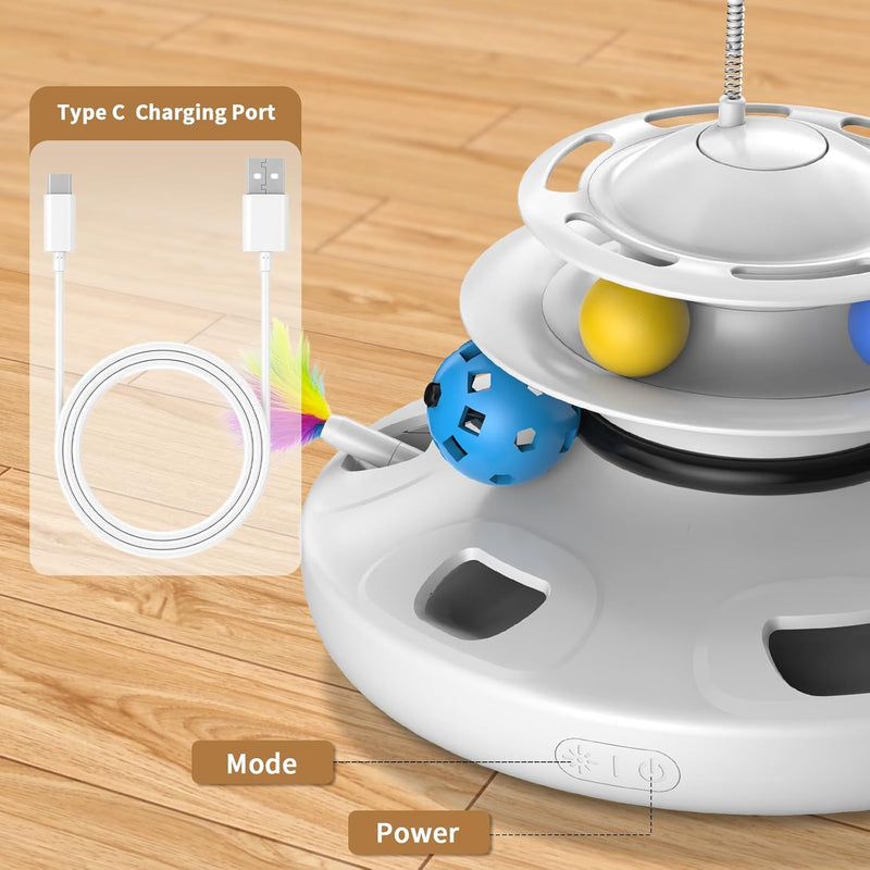 Cat Toys - 4in1 Rechargeable Automatic Cat Toy Interactive Kitten Toy Whack a Mole Fluttering Butterfly Ambush Feather Track Balls Toys Rechargeable Feather Toys Indoor Exercise Kicker White - BeesActive Australia