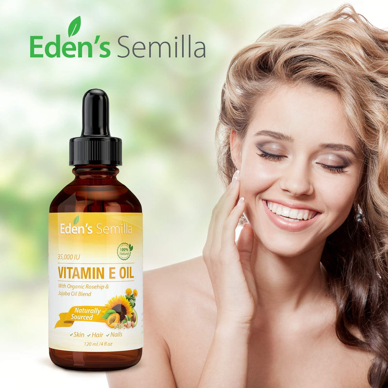 Eden's Semilla 100% Plant Extract Vitamin E Oil 35,000 IU + Organic Rosehip & Jojoba Blend - Fast Absorbing Skin Protection for Face & Body. Pure Ingredients - Ideal for Sensitive Skin - Use Daily 4 Fl Oz (Pack of 1)
