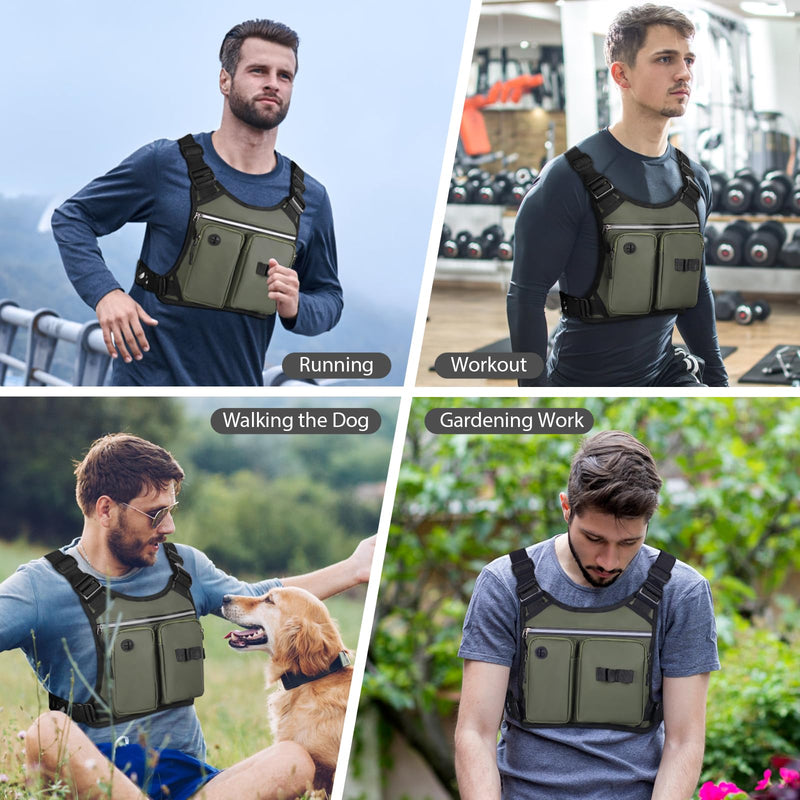 Chest Bag for Men, Waterproof Running Pack with Water Bottle & Phone Holder, Lightweight & Adjustable EDC Bag for Workouts, Running, Fishing, Cycling (Olive) Olive