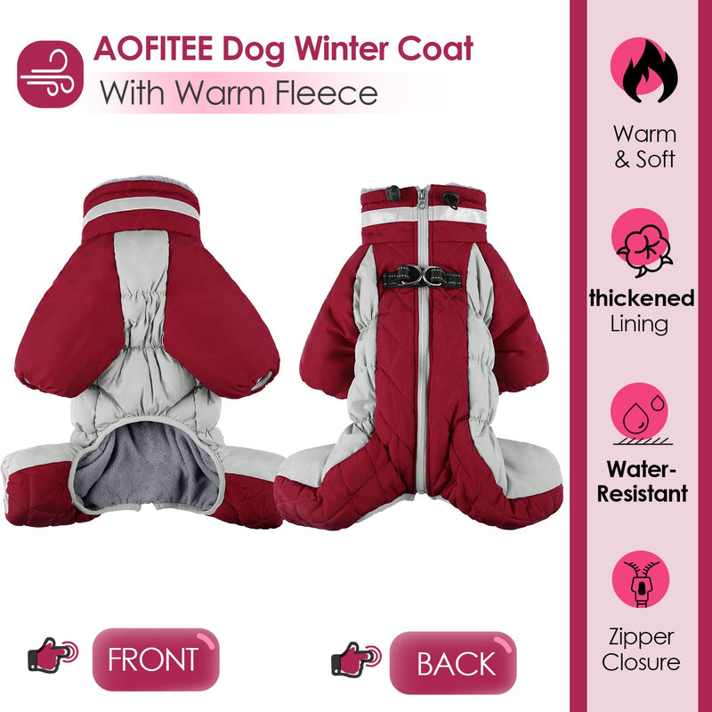 AOFITEE Fullbody Dog Coat Dog Jacket, Windproof Dog Winter Coat with Harness Built In, Reflective Turtleneck Dog Snow Jacket Snowsuit, Four-Legged Puffer Coat for Small Medium Large Dogs M Burgundy - BeesActive Australia
