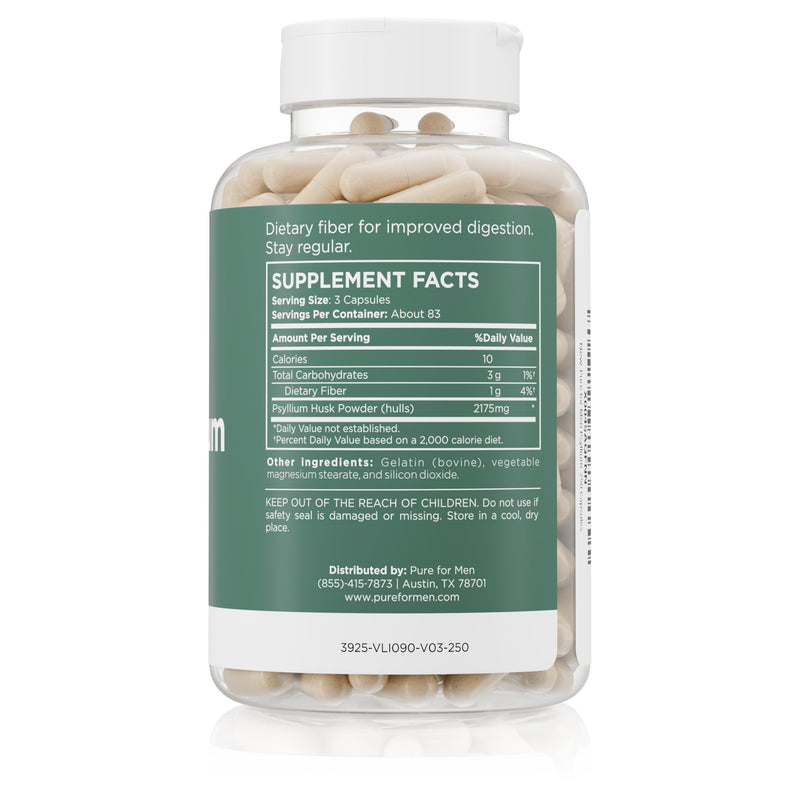 Pure for Men & Her Daily Psyllium Husk Fiber Supplement (250 Capsules) | Soluble Fiber 2,175mg Per Serving, Digestive Regularity & Gut Health Support for Men & Women, Psyllium Husk Powder, Vegan 250 Count (Pack of 1)