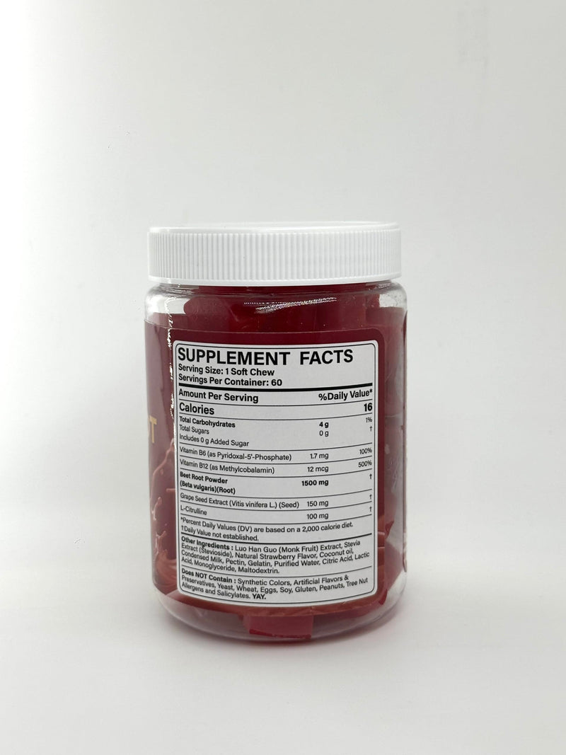 Super Beet Chews 1500mg, 5 IN 1 Beet Root Nitric Oxide Supplement, 60 Cts | Beet Root Gummies w/ Grape Seed, L-Citrulline, Vitamin B6 & B12 for Healthy Blood Circulation & Energy Boost, Sugar Free