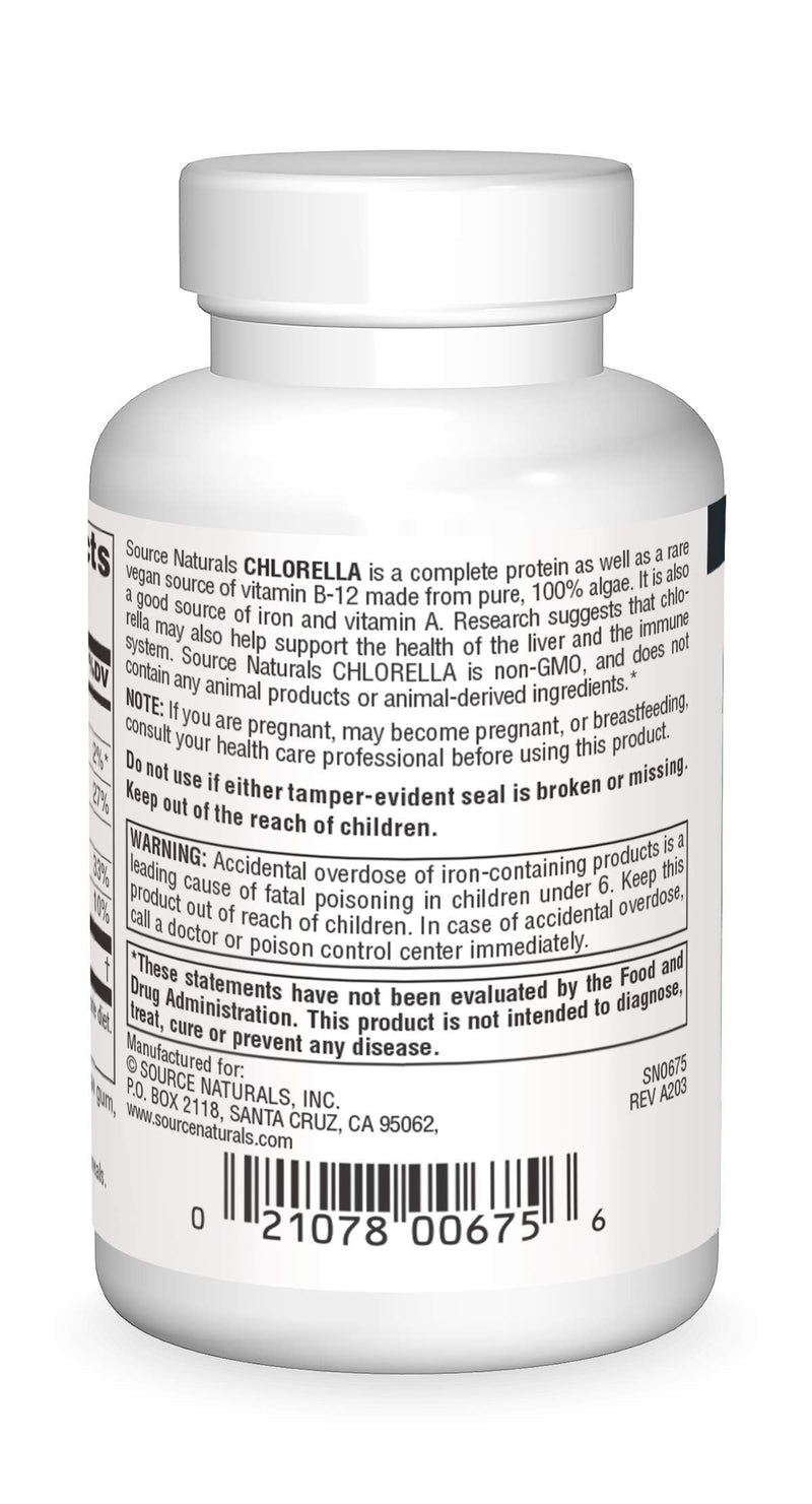 Source Naturals Chlorella, 500 mg- 100 Vegan Tablets | Complete Protein | Plant-Based B12 | Non-GMO Validated*