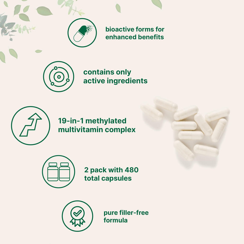 Micro Ingredients 2 Pack Pure Methylated Multivitamin, 480 Capsules | 19-in-1 Formula with Vitamins C, D, B12, Folate, Magnesium, Zinc, & More | Supports Daily Wellness & Immune Health | Filler Free 240 Count (Pack of 2)