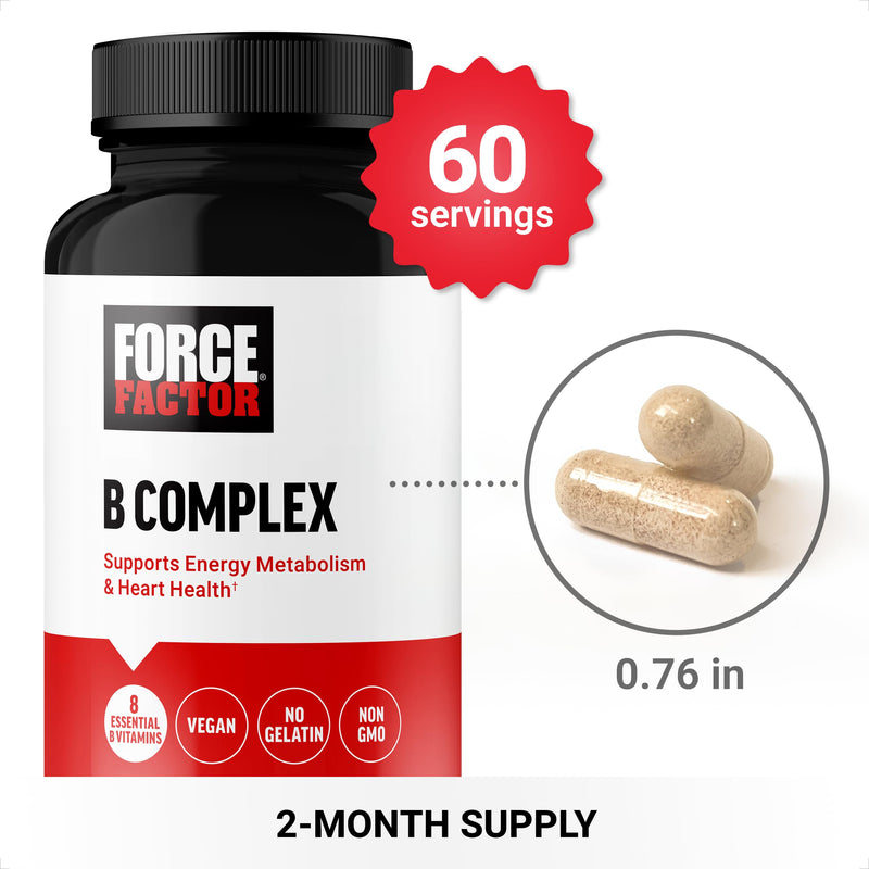 Force Factor Vitamin B Complex to Support Energy, Vitality & Heart Health | Includes Vitamin B1, Vitamin B2, Vitamin B3, Vitamin B6, Vitamin B12, and More, Vegan, Non-GMO, 60 Vegetable Capsules