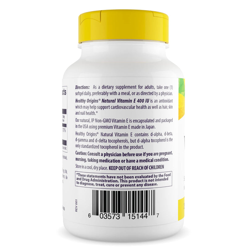 Healthy Origins Vitamin E 400 IU, Natural Mixed Tocopherols, 90 Softgels 90 Count (Pack of 1)