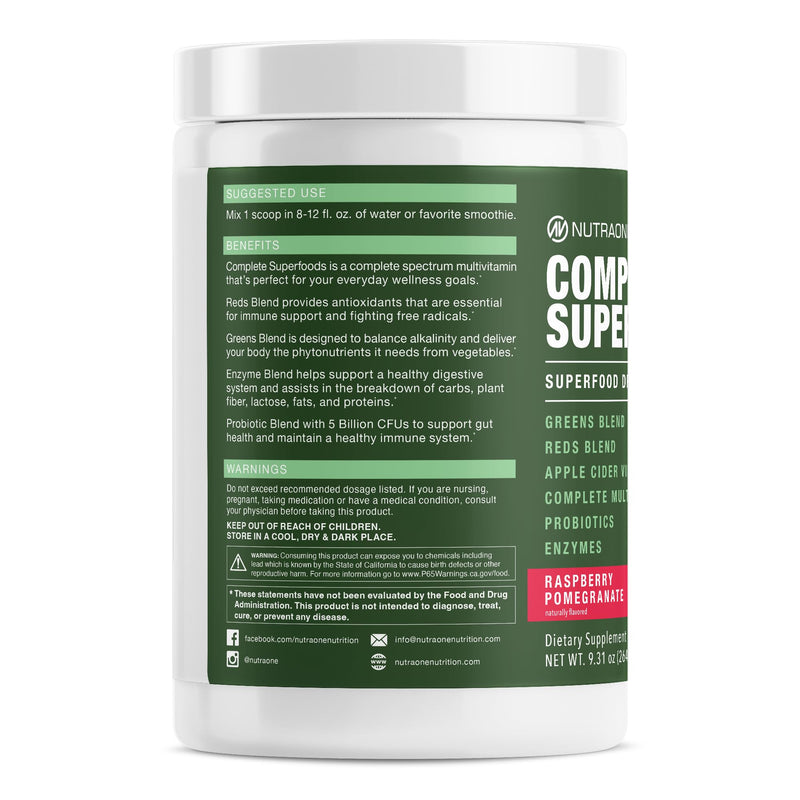 Complete Superfoods, Greens & Reds Blend*, Apple Cider Vinegar, Digestive Enzyme Blend*, Probiotic Blend*, Multivitamin* (Raspberry Pomegranate - 30 Servings)