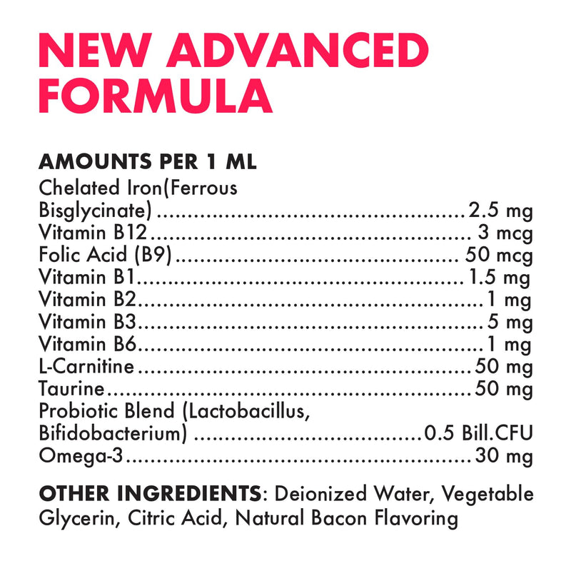 Liquid Iron Supplement for Cats & Dogs B12 + B-Complex + Probiotics Liquid Iron Vitamin Drops for Anemia & Low Energy Promotes Red Blood Cell Health All Ages & Breeds Bacon Flavor 4 oz
