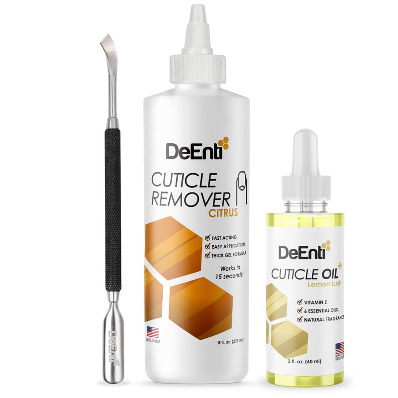 DeEnti Cuticles Maintenance Pack, Bundle Includes Citrus Scented Cuticle Remover, Cuticle Oil for Nails, and Metal Pusher Tool, Salon Grade Nail Care, Home Manicure and Pedicure Kit Cuticle Maintenance Pack