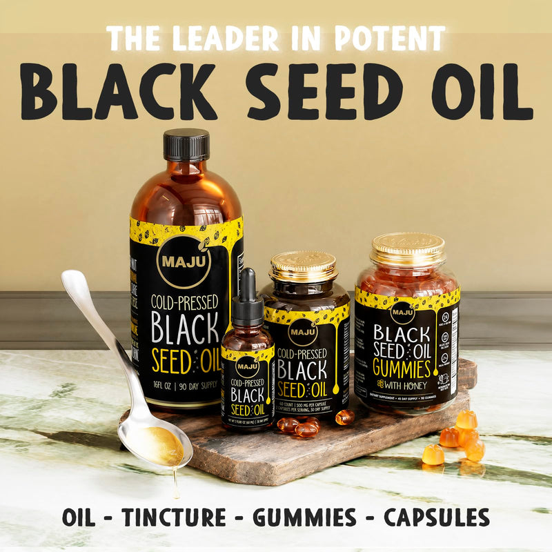 Maju Superfoods Black Seed Oil Capsules, Strong Cold Pressed, 3X Thymoquinone, 100% Turkish Black Cumin Nigella Sativa Seed Oil, Organic BSO, Liquid Blackseed, 120 Count, 500mg per Capsule 120 Count (Pack of 1)