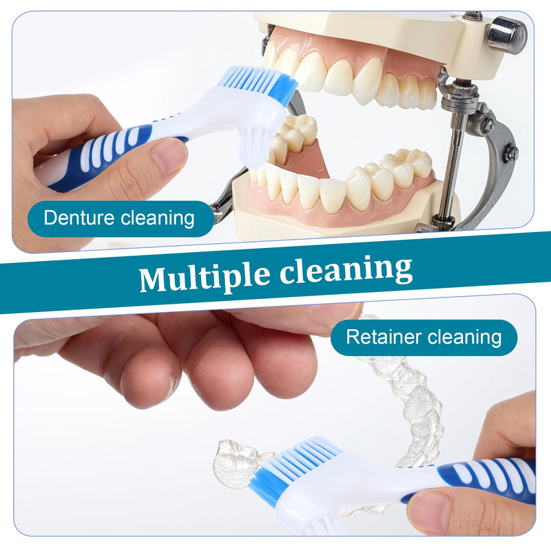 2Pcs Denture Brushes, Denture Cleaning Brush Set with White Carrying Case Dentures Toothbrushes with Multi-Layered Soft Bristles and Rubber Anti-Slip Handle(Blue + Orange)