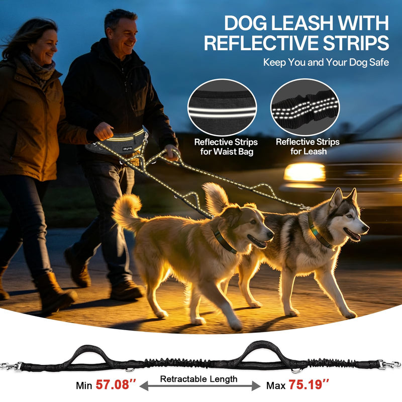 Hands Free Double Dog Leash for Two Dogs,Upgrade 200LB Heavy Duty Retractable with Partitioned Waist Pouch Adjustable Waist for Medium Large Park Walking Running Jogging Hiking Biking Training 2 Leashes - BeesActive Australia