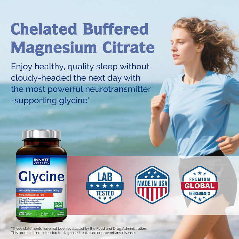 Innate Vitality Glycine Supplements, 3000mg per Serving, Bioavailable Form, Sleep, Relax, Collagen Glutathione Production, Non-GMO, Conditionally Essential Amino Acids, Vegan, 240 Capsules