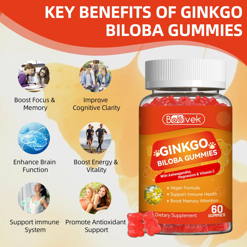 Ginkgo Biloba Gummies with Ashwagandha, Vitamin C & Magnesium - Vegan, Non-GMO, Gluten-Free - Raspberry Flavor, 60 Count
