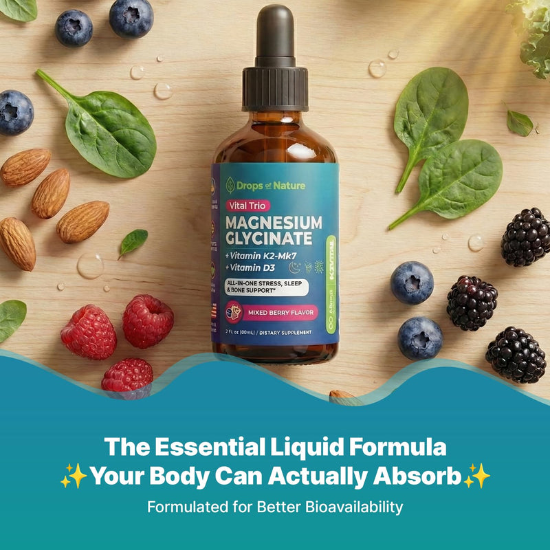 Drops Of Nature Magnesium Glycinate with Vitamin D3 K2 - Mixed Berry, 60 mL | Mineral & Vitamin Supplement Blend with Magnesium Bisglycinate & Vit D3 K2 MK-7, Calm & Bone Support, Vegan, Easy to Absorb