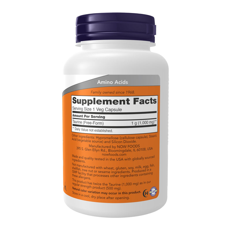 NOW Supplements, Taurine 1,000 mg, Double Strength, 100 Veg Caps 100 Count (Pack of 1)