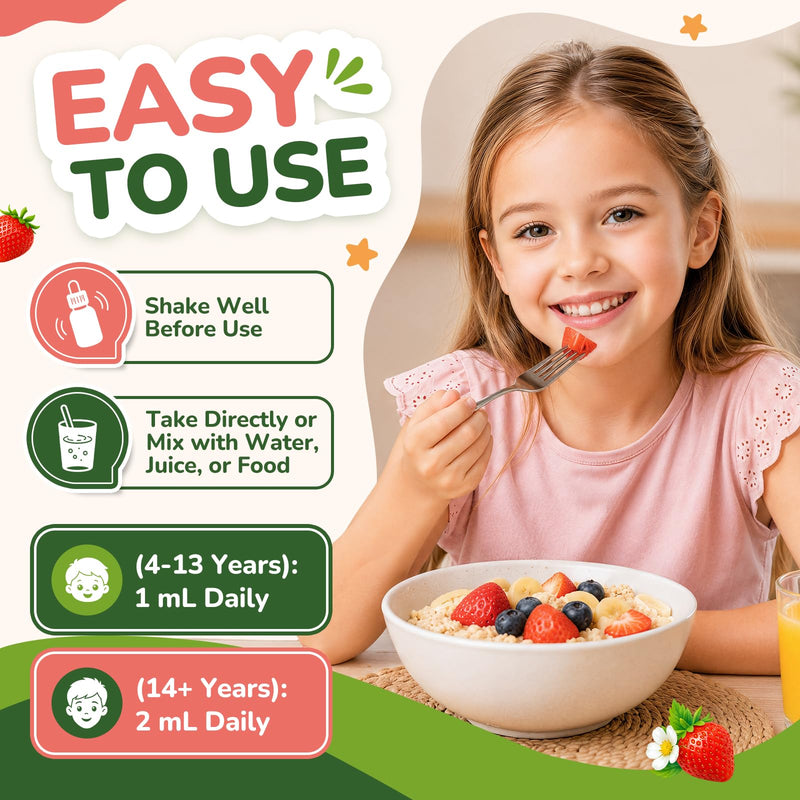 Kids Folinic Acid Drops with Active Folate, Folic Acid Alternative for Kids, Citicoline, Dual Active B12, Vitamin D3, P5P B6 & R5P B2, Brain, Learning, Focus & Mood Support, Strawberry, 2 Fl Oz