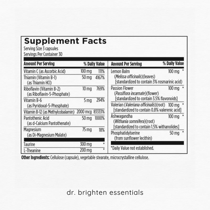 Dr. Brighten Adrenal Calm — Ashwagandha, B Vitamins, Lemon Balm and Amino Acids for Stress Relief, Better Sleep and Balanced Cortisol, Non-GMO — 90 Capsules 90 Count (Pack of 1)