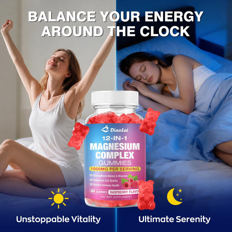 2 Pack Magnesium Complex Gummies with Citrate, Glycinate, Malate, Oxide – Plus Vitamin D3, B6, C, Ashwagandha & CoQ10 – Raspberry Flavor, 120 Count for Women & Men