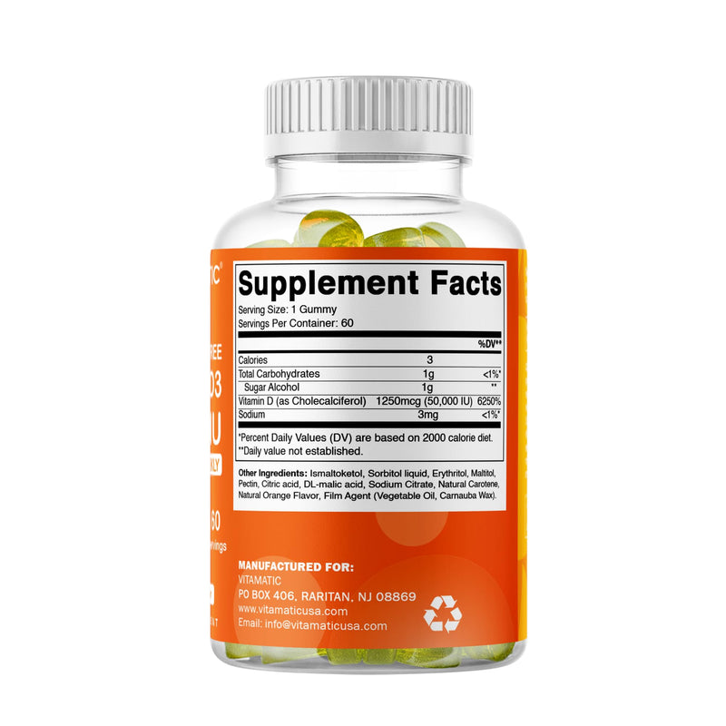 Vitamatic Vitamin D3 50,000 IU, 60 Natural Orange Flavor Gummies | 1250 mcg Cholecalciferol, Once Weekly Serving, Gluten Free, Non GMO 60 Count (Pack of 1)