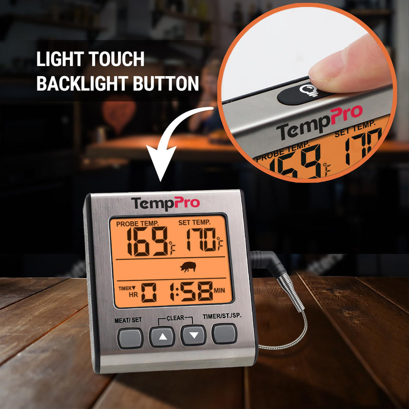 TempPro Digital Meat Thermometer for Cooking and Grilling, BBQ Food Thermometer with Backlight and Kitchen Timer, Grill Temperature Probe Thermometer for Smoker, Oven, Baking,Oil(Previously ThermoPro) Light Silver - BeesActive Australia