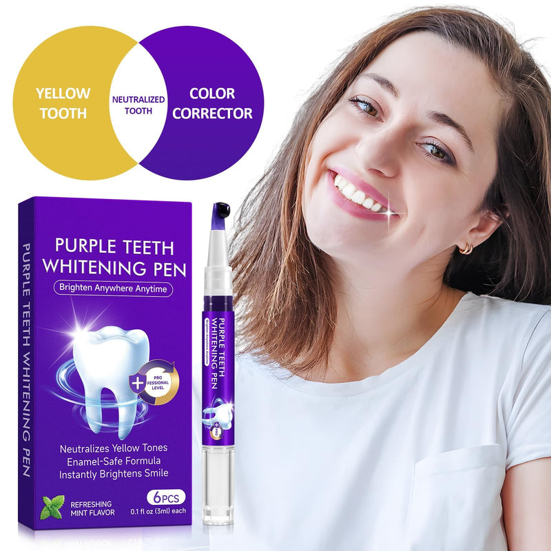 Teeth Whitening Pen 6 Pack, Professional Purple Teeth Whitening Gel for Rapid Stain Removal, No Sensitivity Formula for Sensitive Teeth, Mint Fresh Breath