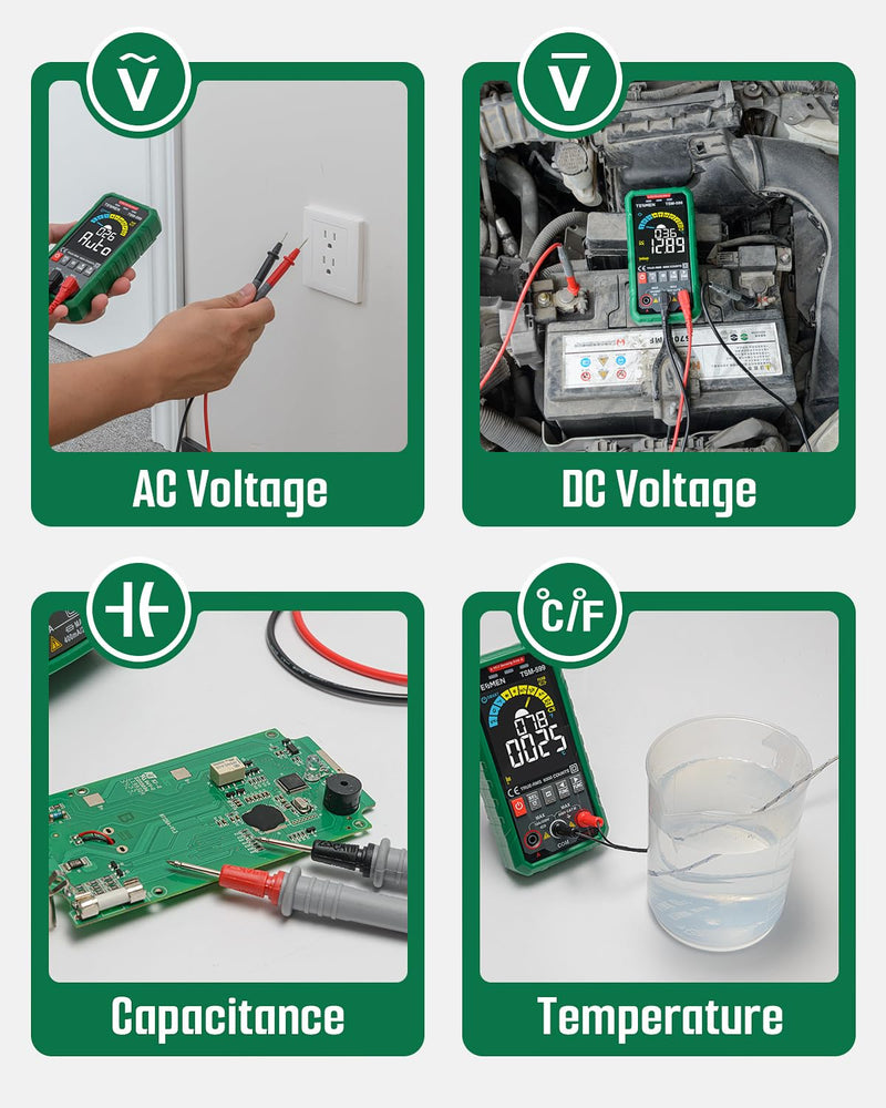 TSM-599 Smart Digital Multimeter, TRMS 6000 Counts, Voltage Tester, Volt Meter with NCV, DC/AC Voltage&Current, Resistance, Continuity, Diode, Capacitance, Hz%, Temperature, Live Wire - Green TSM-599 Auto&Manual Dual Multimeter - BeesActive Australia
