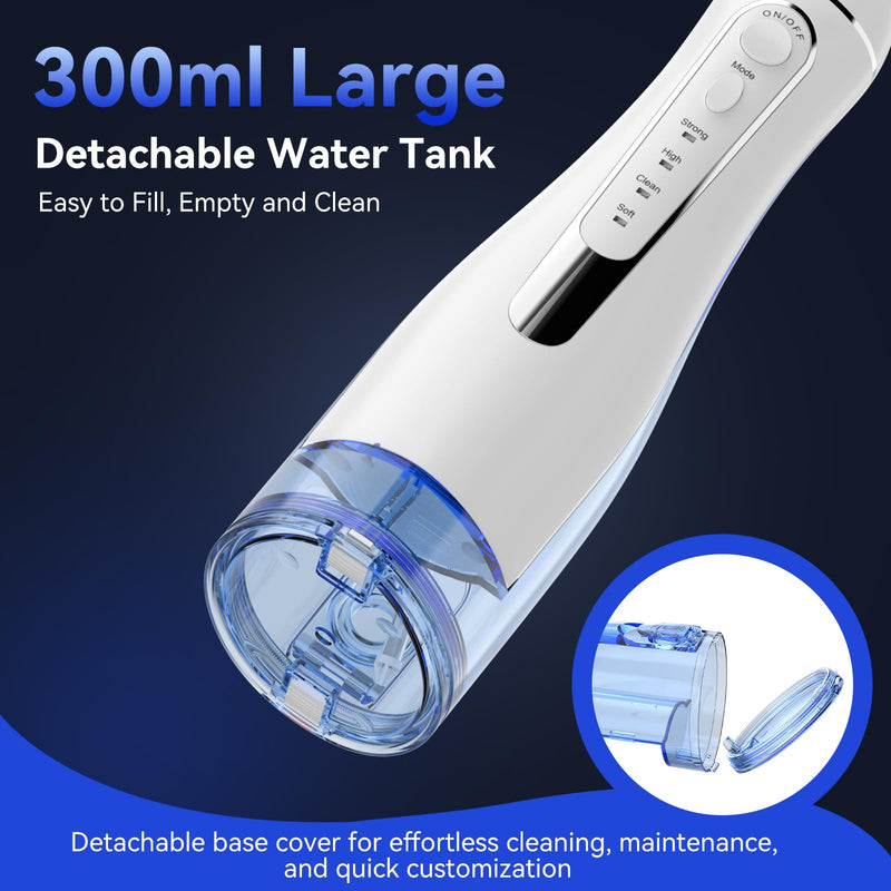 Water flossers for Teeth Pick, Portable Oral Irrigator Dental with 4 Modes 5 Jet Tips, IPX7 Rechargeable Water Tooth Flosser for Braces Sensitive Gum Care，300ml Tank for Home Travel Use White