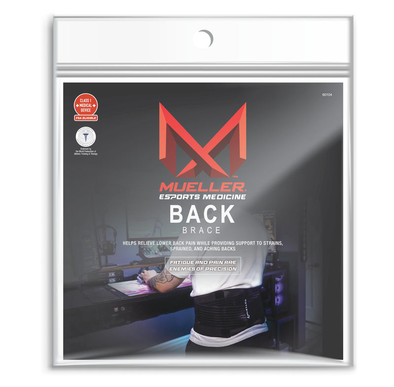 MUELLER Esports Medicine 4-in-1 Lumbar Back Brace for Men and Women with Hot/Cold Pack, 6 KTape Strips Included, Ideal for Gamer's Back Pain Relief Support and Sciatica, Black, One Size