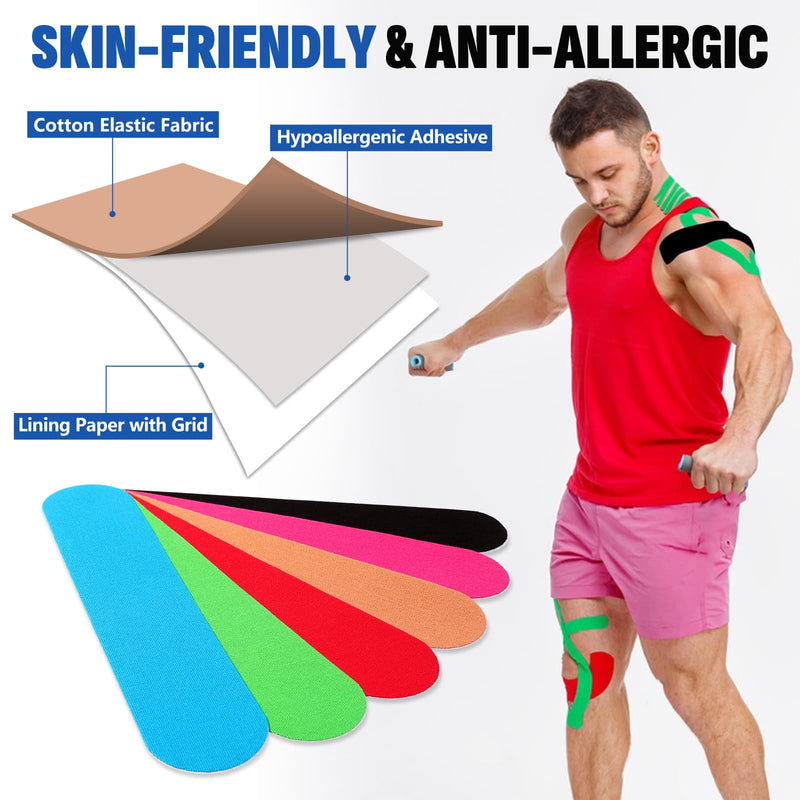 60PCS Precut Kinesiology Tape Strips, 6 Colors 2 inch x 10 inch Cotton Athletic Tape, Kinetic Tape, Elastic Muscle Tape, Sports Tape, Knee Tape for Exercise and Daily Use Skin Color, Light Blue, Green, Rose Red, Black, Red