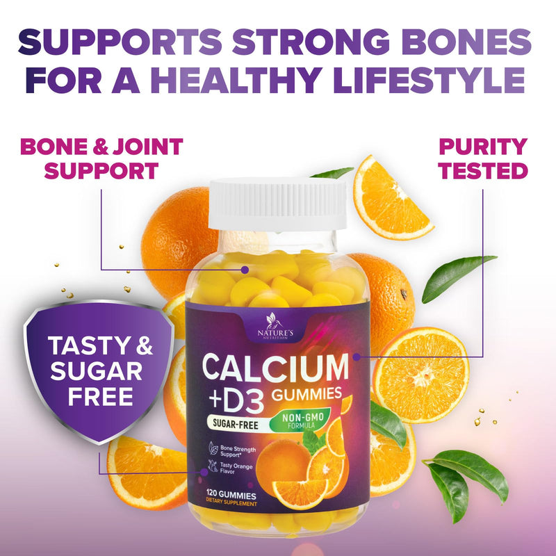 Calcium Supplement Gummies - Sugar Free Calcium Gummy with Vitamin D3 for Best Absorption - Supports Immune Health, Bones & Teeth - Nature's Calcium Chews for Women & Men, Orange Flavor - 120 Gummies 120 Count (Pack of 1)
