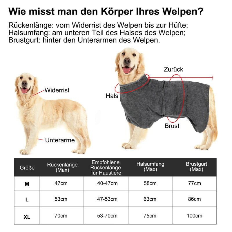 Dog bathrobe, with Velcro fastener, quick-drying bath towel, very absorbent, adjustable collar and waist bathrobe, dryup cape, suitable for large and medium dogs (L) gray L - BeesActive Australia