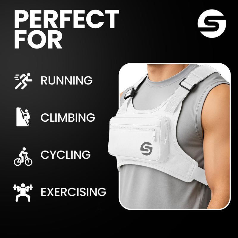 Running Chest Pack for Men Women with Collapsible Water Bottle, Water-Resistant Adjustable Chest Pack with Reflective Back for Cycling, Hiking, Workouts, with Phone Holder and Extra Storage White