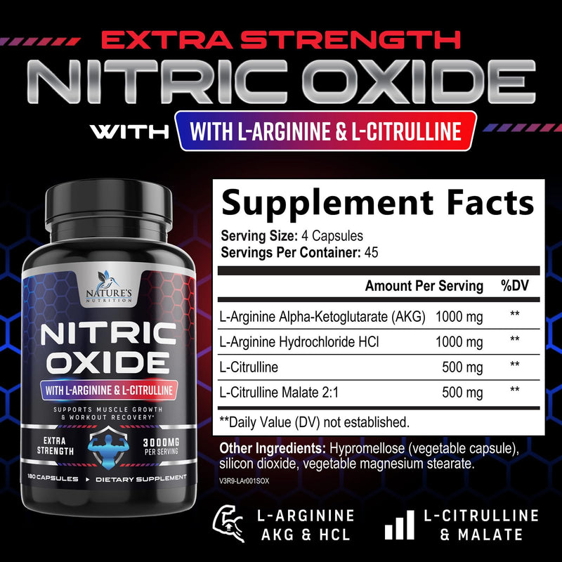 Nitric Oxide Booster Extra Strength - 3X Strength L-Arginine & Citrulline Supplement - Best Nitric Oxide Supplements for Men - Supports Muscle, Heart Health, Energy - Bottled in USA - 180 Capsules 180 Count (Pack of 1)