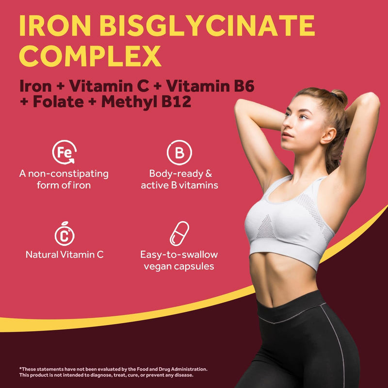 Doctor's Recipes Iron Supplement for Women Men - Gentle Iron Bisglycinate with Vitamin C, B6, Folate & B12, Stomach Friendly Iron Pills, 180 Vegan Caps 180 Count (Pack of 1)
