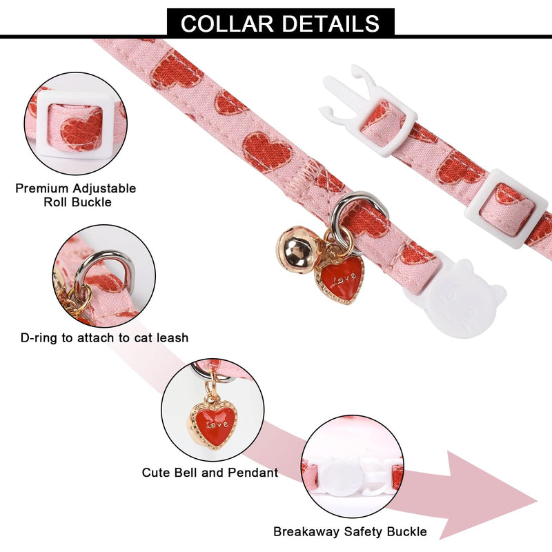Lionet Paws 2pcs Pack Valentine's Day Cotton Cat Collar,Breakaway Buckle with Pink Red Heart Cute Adjustable Cat Kitten Collar,Ideal for Girl Cats Uniform Red Hearts&Hearts - BeesActive Australia