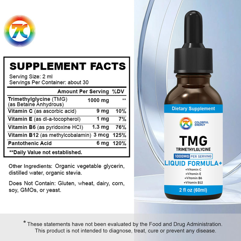 7c TMG Liquid Supplement 1000 mg with Vitamin C, E, B6, B12-2 fl oz | Trimethylglycine betaine for methylation, homocysteine metabolism, liver and energy, vegan, non-GMO, gluten-free
