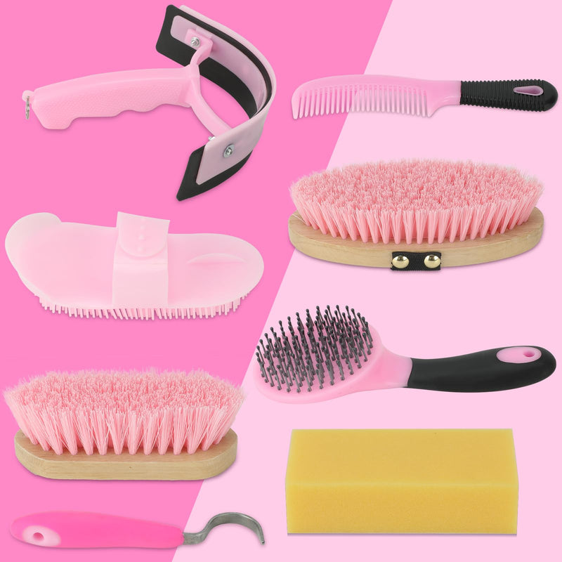9 Pieces Horse Grooming Kits, Horse Brush Set with Tote Bag, Horse Bathing Supplies Sweat Scraper Bathing Sponge, Hoof Pick, Curry Comb for Horse Riders Beginners(Pink) Pink - BeesActive Australia