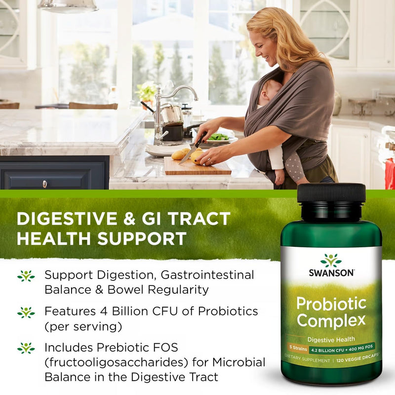 Swanson Probiotic Complex 4.2 Billion CFU, 120 Veg DRcaps, 2 Pack | 5-Strain Probiotic Complex with Prebiotic FOS to Support Digestive Health, Fat Metabolism, Satiety and Nutrient Absorption 120 Veggie DRcaps (2 Pack)