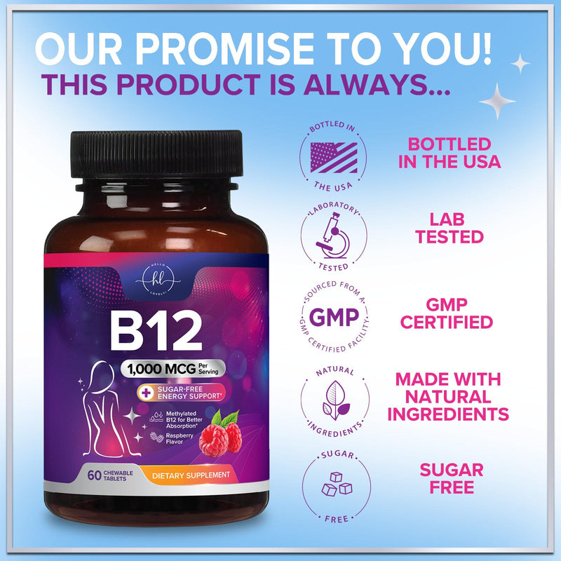 Vitamin B12 1000 mcg per Serving Chewables - B12 Complex with Heart & Nerve Energy Health Support - Vitamin B-12 Complex with Immune Health Support - Fast Dissolve, Bottled in USA - 60 Chewables 60 Count (Pack of 1)