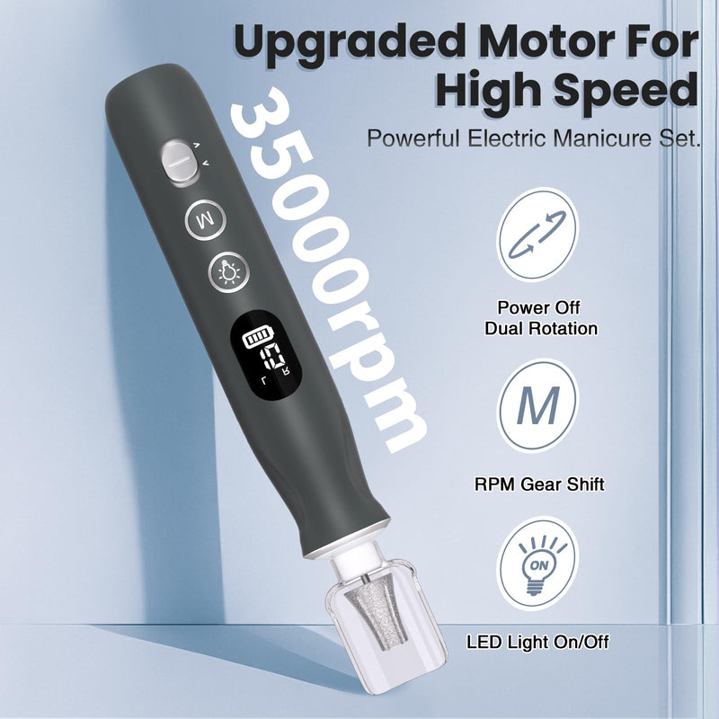 Electric Nail Drill, Cordless 2000 mAh Rechargeable Portable Nail File 12 in 1 Kit for Thick Toenails, 10 Speeds Nail Dril Machine Professional Manicure Pedicure for Hand Natural Nails Care (Grey) Grey - BeesActive Australia
