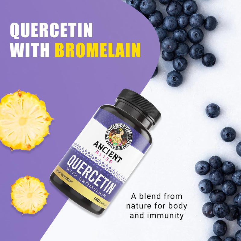 Ancient Bliss Quercetin with Bromelain | Quercetin 1000mg Bromelain 200mg per Serving | Supports Immune System, Joint Health, Respiratory Health & Overall Well-being – 120 Capsules 120 Count (Pack of 1) - BeesActive Australia