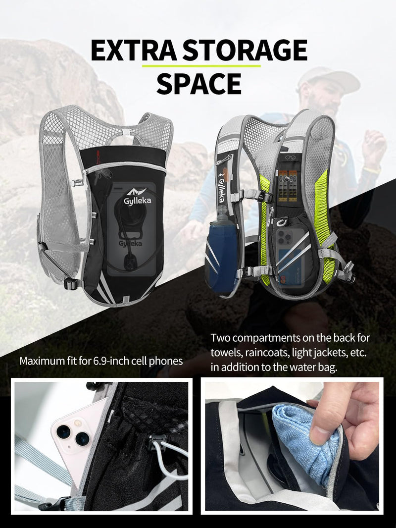 Hydration Backpack, Lightweight Breathable Reflective Pack Adjustable Chest Straps for Running, Marathons, Cycling, Hiking, Trail Vest 1.5L Water Bladder