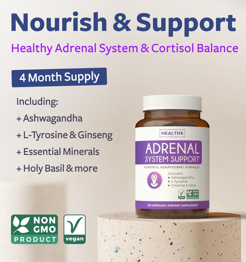 Adrenal Support & Cortisol Manager (Non-GMO) Powerful Adrenal Health with L-Tyrosine & Ashwagandha - Maintain Balanced Cortisol Levels & Stress Relief - Fatigue Supplement - 120 Capsules 120 Count (Pack of 1)